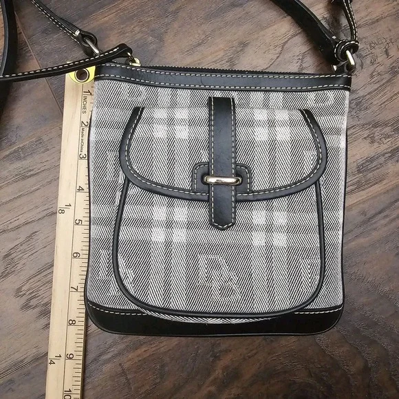 DOONEY & BOURKE Monogram‎ Canvas With Leather Strap Crossbody Purse Black Gray - Picture 6 of 10